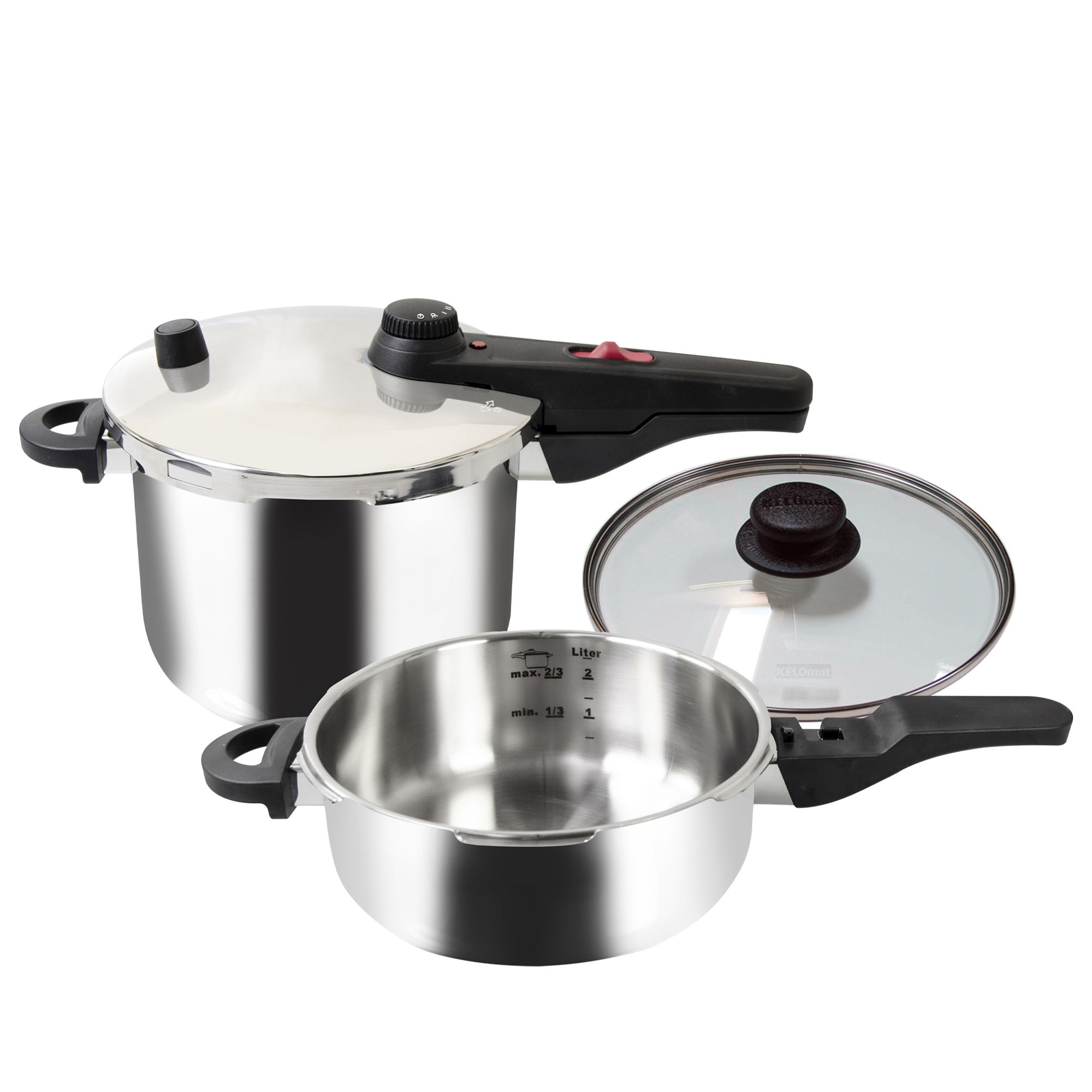 Kelomat - pressure cooker set Alfa 6.0 + 3.0 liters with glass lid Kelomat - pressure cooker set Alfa 6.0 + 3.0 liters with glass lid